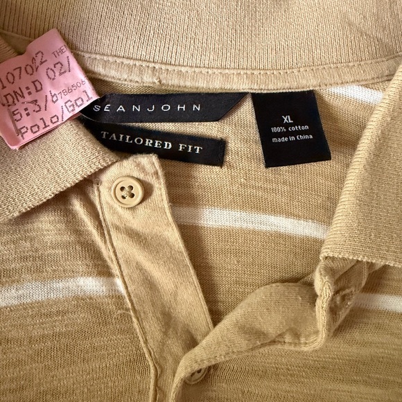 Sean John Tailored Fit Striped Polo Shirt Tan White 100% Cotton XL - Picture 4 of 7